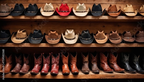 Wooden shelf with cowboy hats and boots