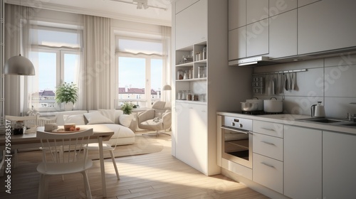 Interior, small apartment, white kitchen view
