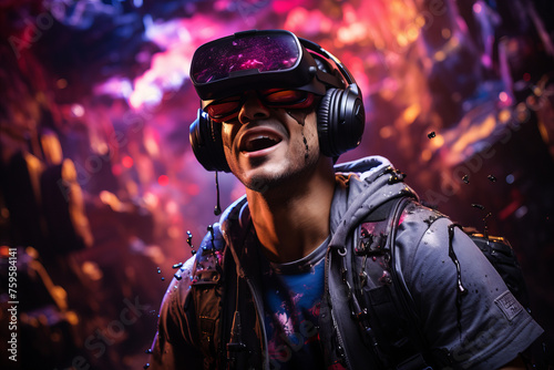 Immersive Gaming Adventure: A person wearing a VR headset and controllers, fully engaged in an immersive gaming experience, surrounded by virtual elements. © tynza