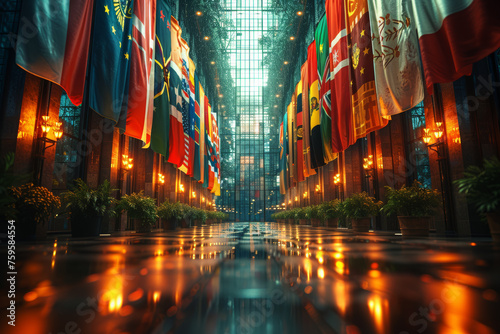 An array of international flags displayed proudly, symbolizing the mosaic of cultures in a global community. Concept of multicultural harmony. Generative Ai.