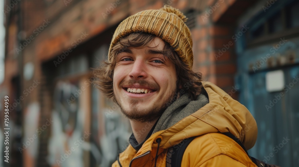 Handsome smiling, happy and pleased stoic man with positive vibes. Portrait of a joyful young man with beautiful hair and fashionable clothes.