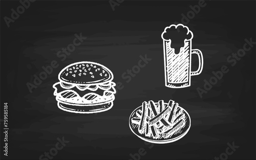 Kreidegemaltes Menü mit Hamburger, Pommes und Bier auf Schwarzer Tafel: Vektorgrafik Illustrationen