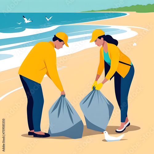 Earth Day.Activists are removing various plastic debris from the beach.The concept of environmental conservation and coastal zone cleaning.