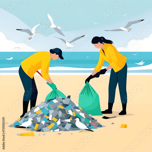 Earth Day.Activists are removing various plastic debris from the beach.The concept of environmental conservation and coastal zone cleaning.