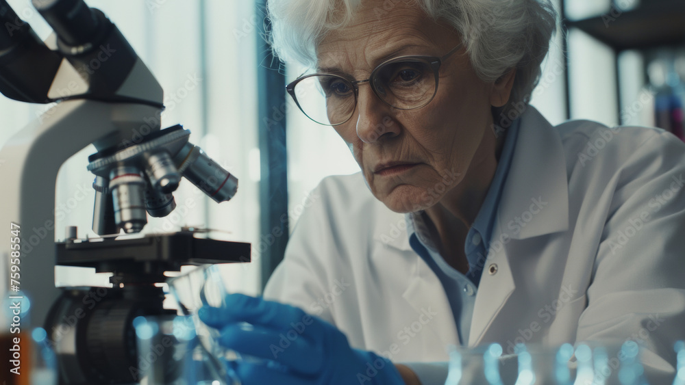 Senior scientist intently analyzing samples through a microscope in a lab. Senior scientist intently analyzing samples through a microscope in a lab.