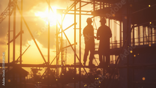 Silhouetted workers on construction site at sunrise, a metaphor for building futures.