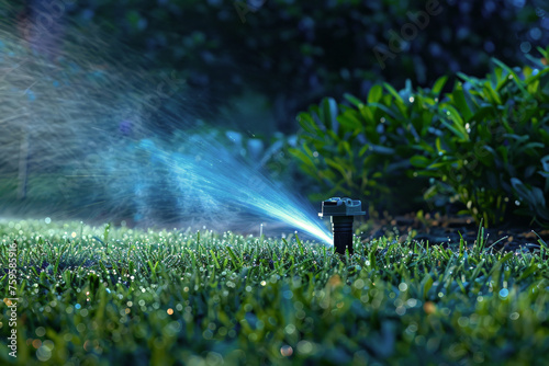 Recycled water sprinklers watering the grass © Eduardo López