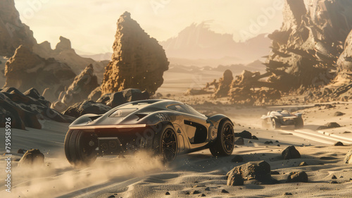 Futuristic vehicles speeding through an alien desert, evoking adventure and high-speed pursuit.