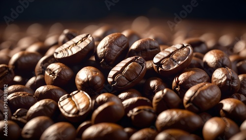 Roasted, Rich and Aromatic Coffee Beans background, morning routine,. Close-Up View of Fresh Coffee Beans Texture