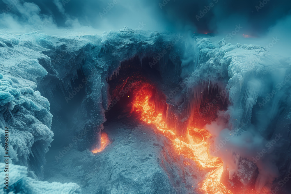 An inferno raging within an icy cavern, illustrating the clandestine battle between opposing elements. Concept of subterranean conflict. Generative Ai. - obrazy, fototapety, plakaty 