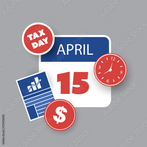 Tax Day Reminder Concept - Calendar Page, Vector Element Template with Dollar Sign, Clock and Chart Design - USA Tax Deadline, Due Date for IRS Federal Income Tax Returns:15th April, Year 2024