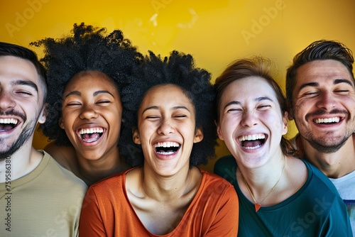 A lineup of diverse individuals with their mouths open, expressing emotions such as laughter and surprise. Generative AI