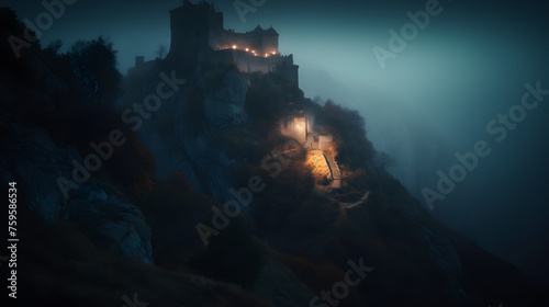 Mystical montage of a medieval castle atop a craggy hill