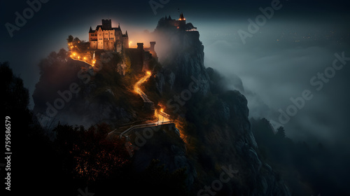 Mystical montage of a medieval castle atop a craggy hill