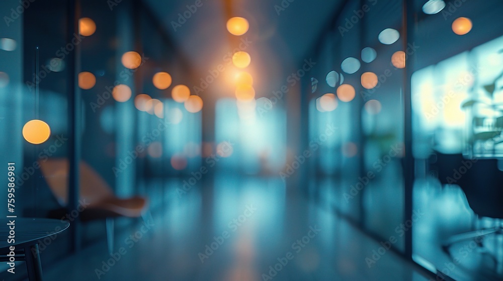 Blurred empty open space office. Abstract light bokeh at office interior background 