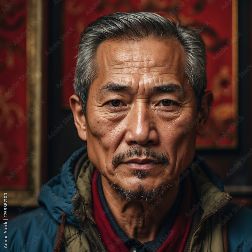Tiefgründiges Porträt eines erfahrenen asiatischen Mannes mit Geschichte