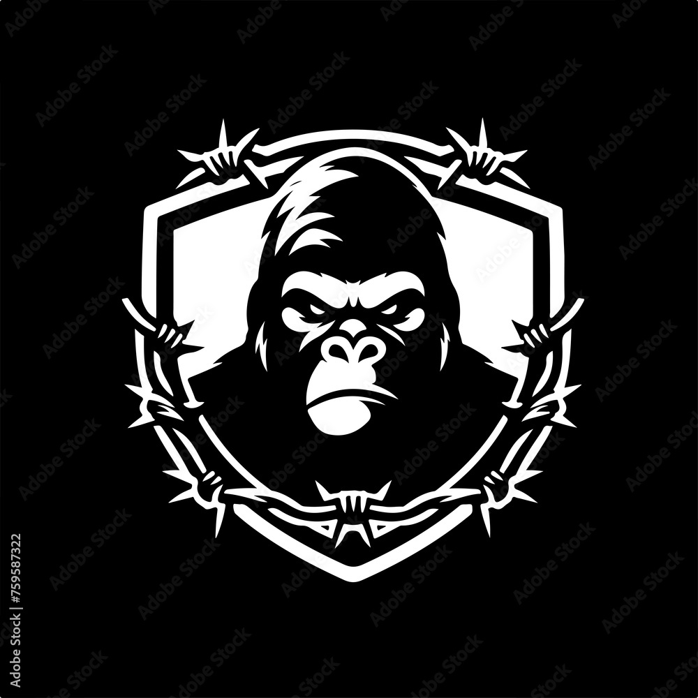Gorilla head with barbed wire and shield. Vector illustration.