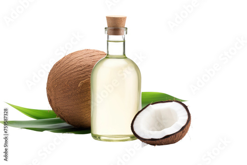 Coconut Oil Bottle Next to Half Coconut. on a White or Clear Surface PNG Transparent Background.