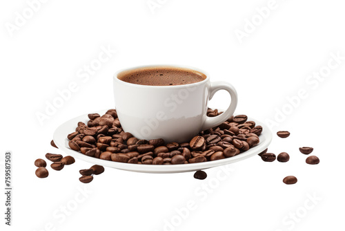 A Cup of Coffee Surrounded by Coffee Beans. on a White or Clear Surface PNG Transparent Background.
