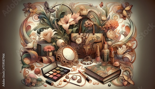 Art nouveau style collage for Mother s Day consists of hats  bags  mirrors  glasses  jewelry  make-up  books  pens  flowers  butterflies and pearls.