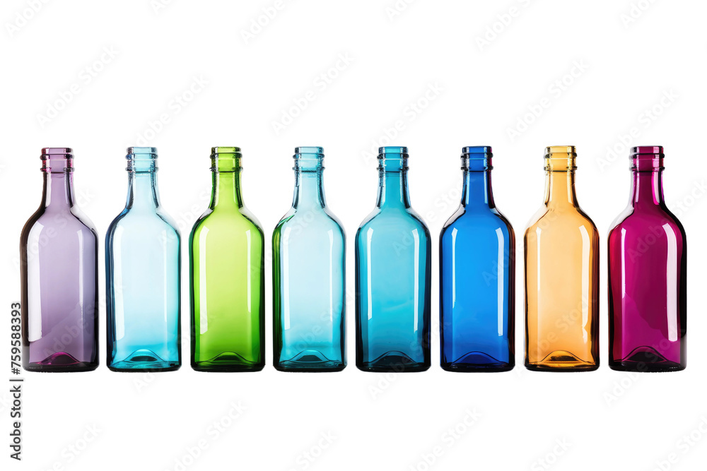Row of Different Colored Bottles. on a White or Clear Surface PNG Transparent Background. Row of Different Colored Bottles. on a White or Clear Surface PNG Transparent Background.