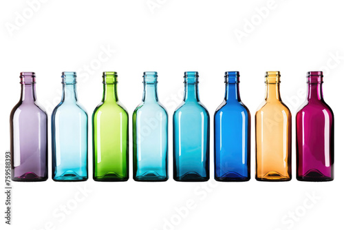 Row of Different Colored Bottles. on a White or Clear Surface PNG Transparent Background.
