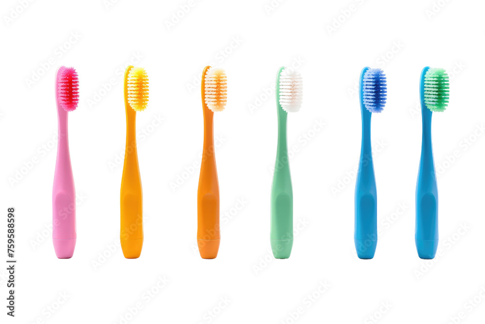 Five Different Colored Toothbrushes Aligned in a Row. on a White or Clear Surface PNG Transparent Background. Five Different Colored Toothbrushes Aligned in a Row. on a White or Clear Surface PNG Transparent Background.