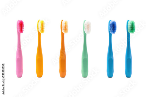 Five Different Colored Toothbrushes Aligned in a Row. on a White or Clear Surface PNG Transparent Background.