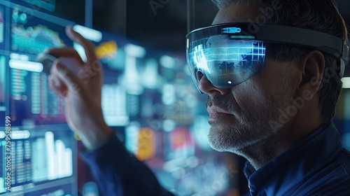 A focused businessman utilizing augmented reality glasses to visualize and interact with complex data sets for informed decision-making.