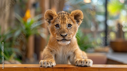 Close-up shot a lion cub stares at the camera. Animal background. photo