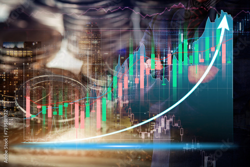Double exposure of stock market graph and businessman with step of coin. financial stock exchange marketing concept. 