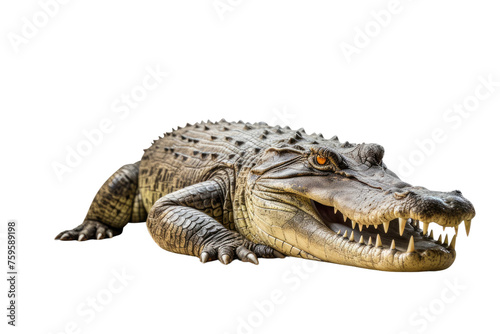 Large Alligator Laying Down With Mouth Open. on a White or Clear Surface PNG Transparent Background.