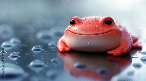 Wet red frog with a peaceful expression among water droplets. photo