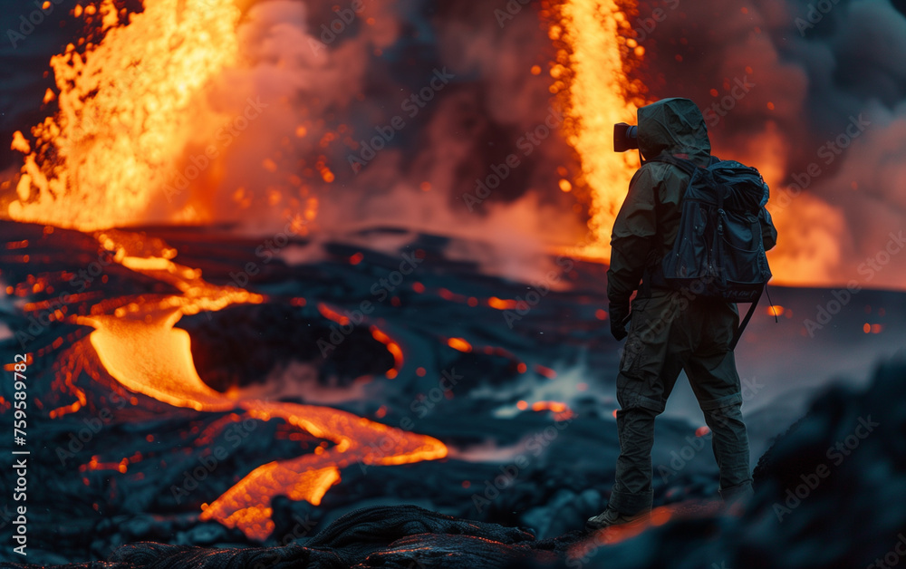 A man looking at lava from volcano. Generative AI A man looking at lava from volcano. Generative AI
