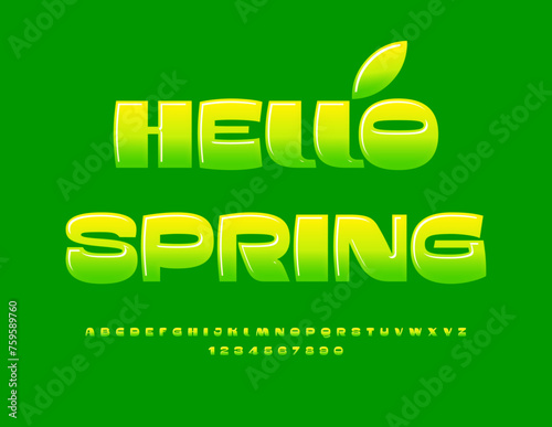 Vector seasonal card Hello Spring. Modern Stylish Font. Unique Glossy Alphabet Letters and Numbers set.