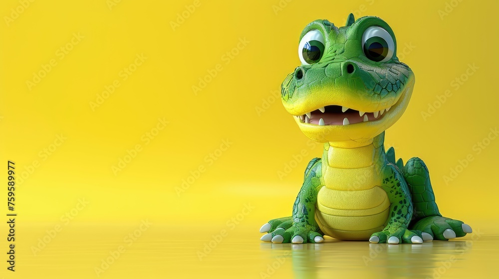 A cheerful green baby dinosaur sitting against a bright yellow backdrop.