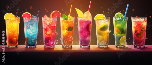 Different types of animated colorful fruit and iced coffee