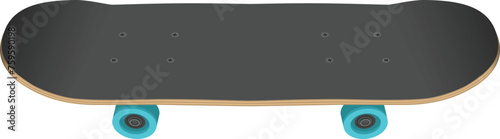 Skateboard plywood deck with blue wheels angled top side view isolated vector illustration