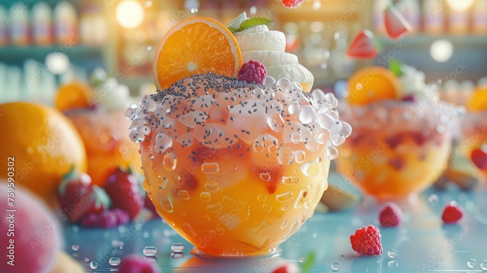 Shaved ice with chia seeds in a 3D animated health food store, vibrant
