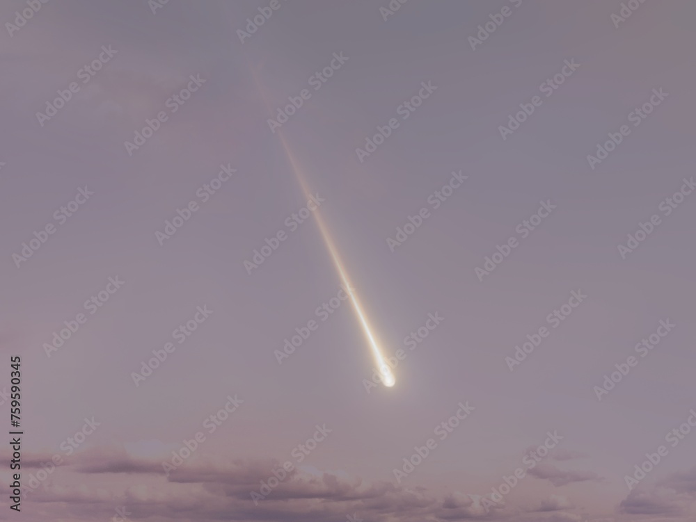 Falling bolide at sunset. Glowing meteor in the sky. Fireball in the atmosphere, meteor trail.