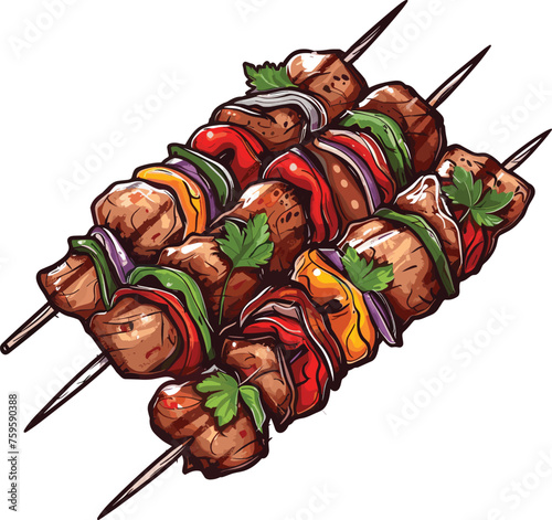 Shashlik skewers are showcased on a white background with associated logos, icons, stickers, and kebab illustrations.