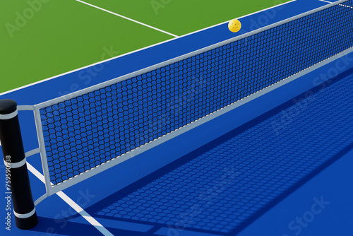 The flight of a pickleball ball over the net of a sports court. 3d rendering