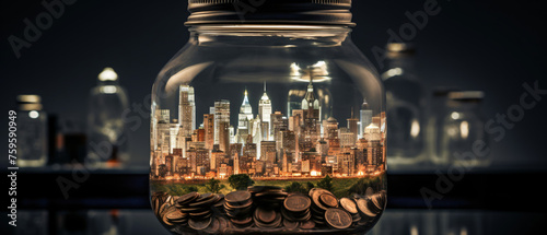 Double exposure of city and coins in the bottle ..