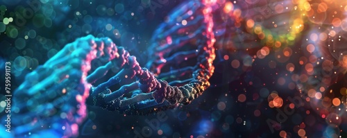Color gradient of human DNA molecule strands on colorful abstract background, Intricate helix structure of DNA with crystalline detail #759591173