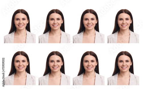 Passport photo, collage. Woman on white background, set of photos