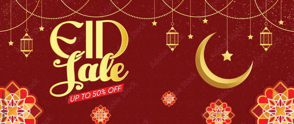 Eid Mubarak Sale, Eid Sale Banner with Golden Text, Moon and Islamic Ornaments On Red Background - Islamic Greeting Card, Web Header and Banner Luxury Design, Vector Illustration