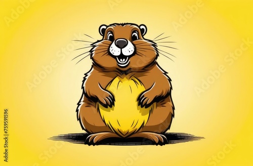 Funny cartoon groundhog,groundhog day holiday, hamster on yellow background,cheerful groundhog laughing