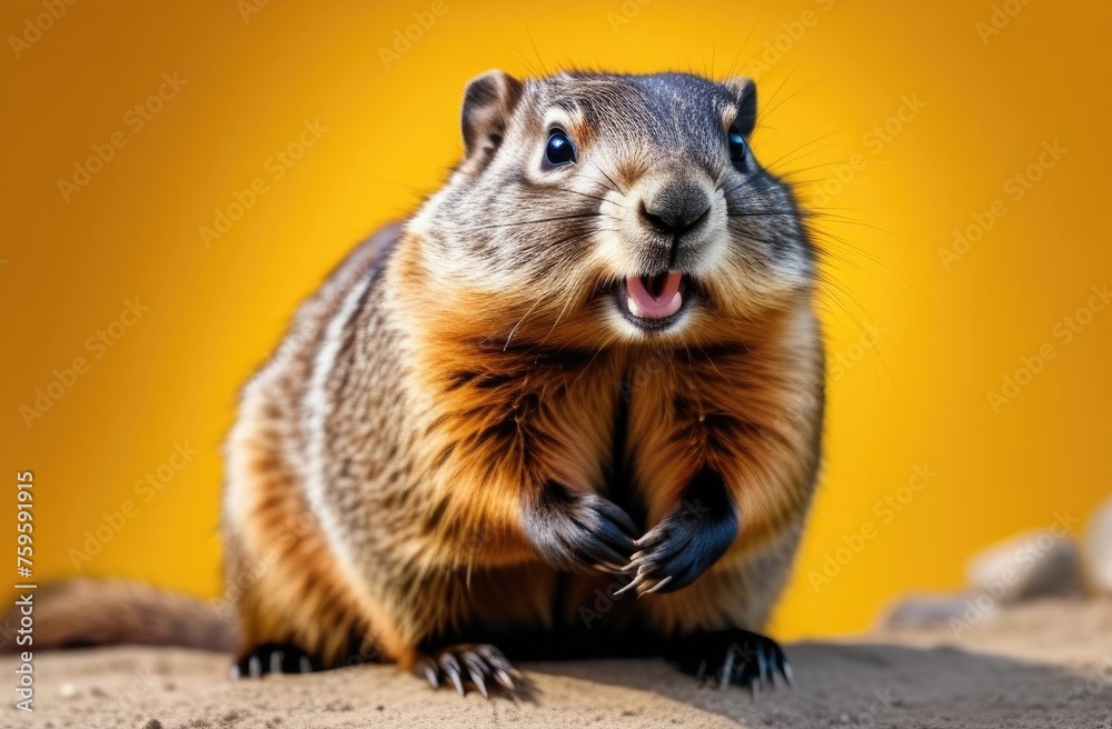 Fototapeta premium Groundhog day,groundhog on yellow background,small animal standing on hind legs
