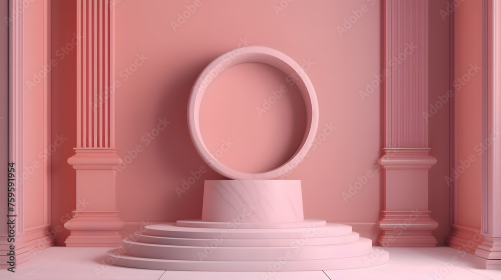 Pink podium mockup. Realistic 3d vector pedestal for cosmetics presentation with a window shadow on wall. Elegant visual background for promoting women makeup Pink podium mockup. Realistic 3d vector pedestal for cosmetics presentation with a window shadow on wall. Elegant visual background for promoting women makeup