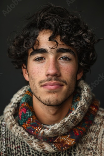 Handsome smiling, happy and pleased stoic man with positive vibes. Portrait of a joyful young man with beautiful hair and fashionable clothes. © MiniMaxi